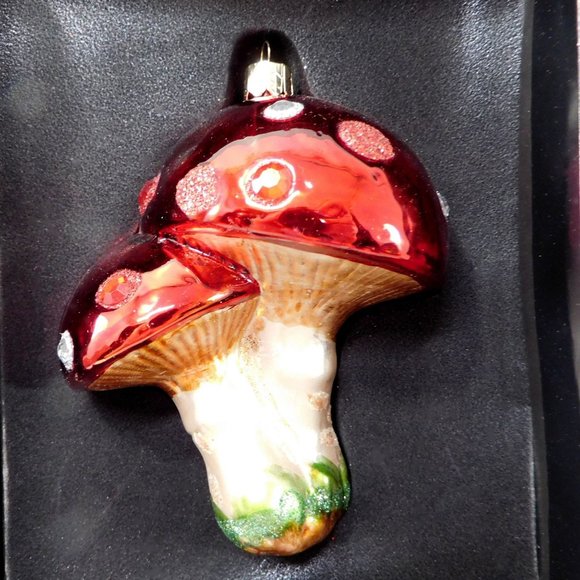 Double Mushroom Christmas Ornament Blown Glass  by Shavel  4" - Picture 6 of 10